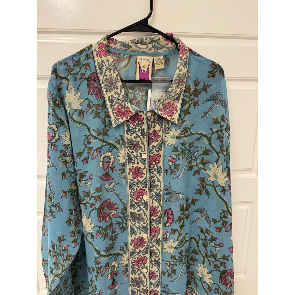 Anthony Originals Blouse 3X Teal Turquoise Artsy Floral Bird Print Top NEW 0028